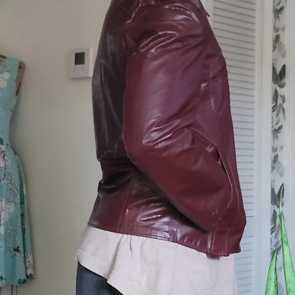 1970's Moto Men's Burgundy Oxblood Zip-Front Leather Jacket Double Lined - Picture 5 of 11